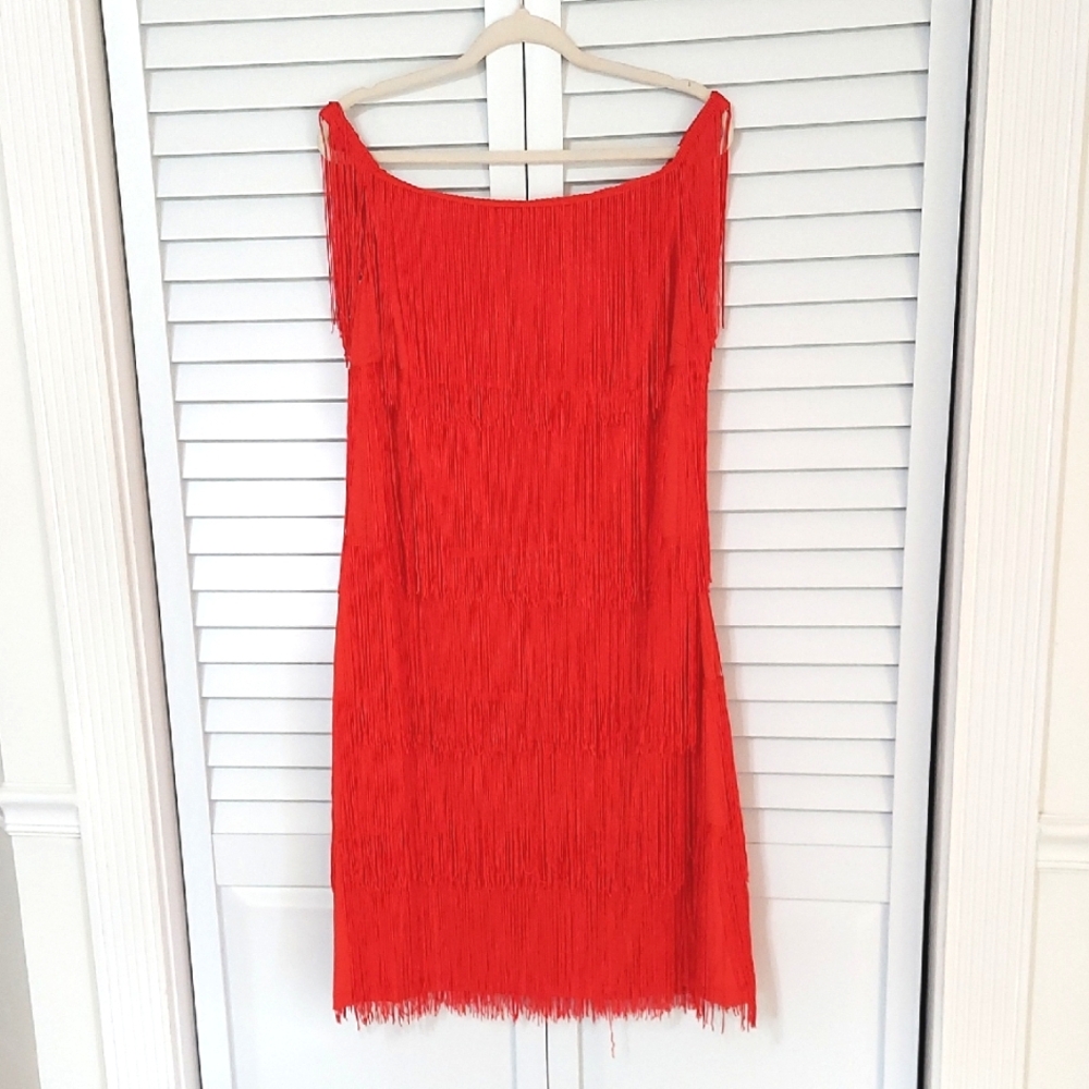 Ashley Stewart FRINGE Dress, Size 16, Sleeveless Boatneck, Red, Tiers, NEW!!!